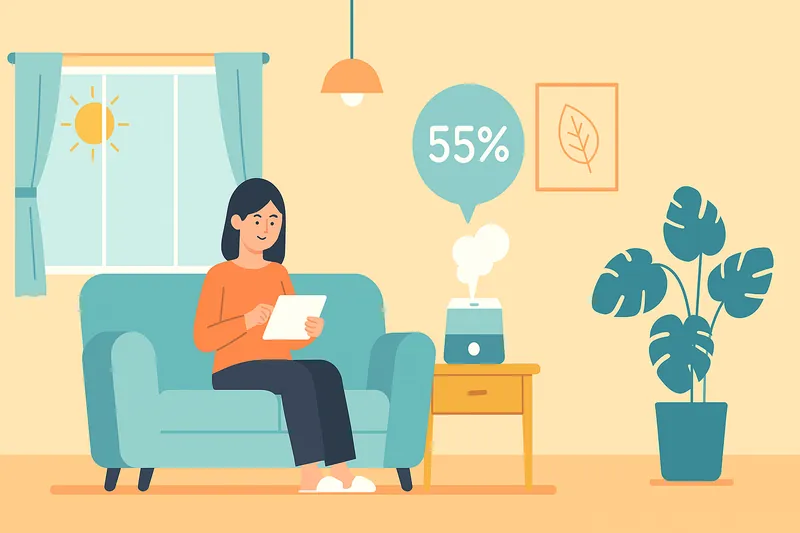 室内の湿度を調整している部屋と人物。