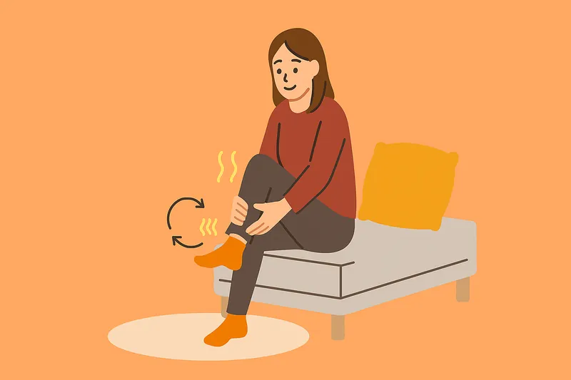 足首を温めたり軽く回したりして冷え性対策する人物。