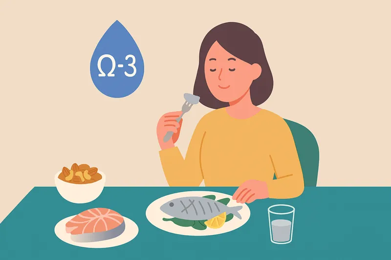 青魚やナッツでオメガ3を摂る食卓シーン。