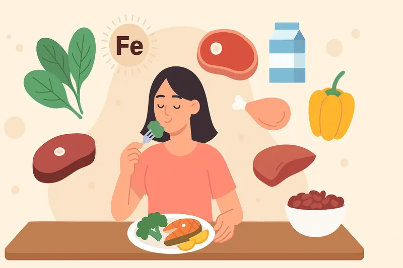 鉄分豊富な食材を選んで食べる人物。