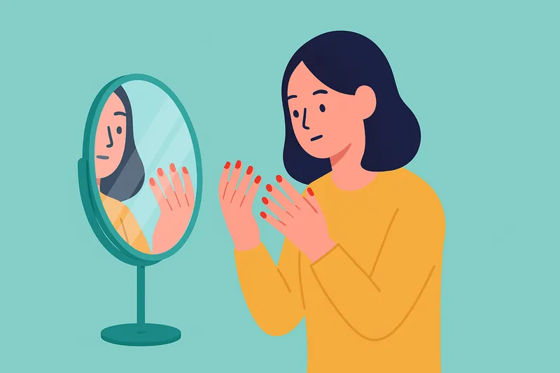 鏡で爪の色や形をチェックする人物。