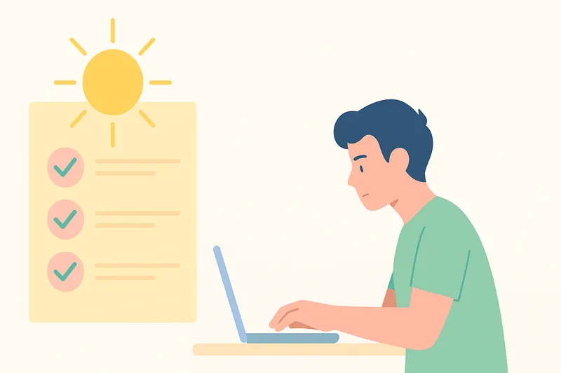 zatsugaku instructive person working on laptop with checklist and sun