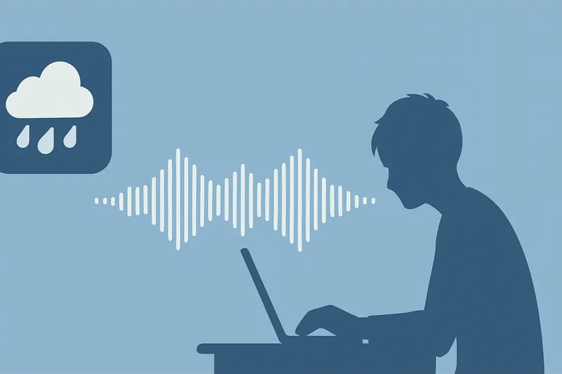 zatsugaku useful person using laptop with rain icon and sound wave