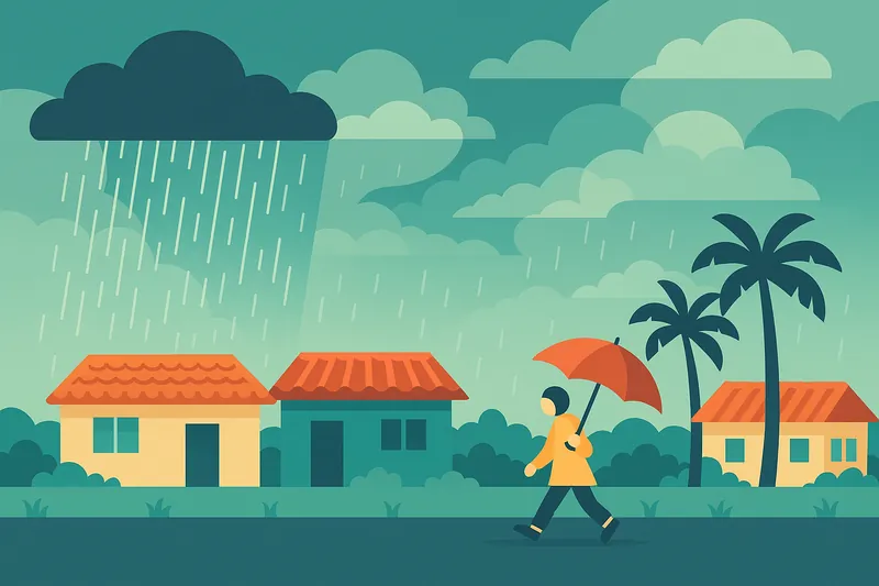 zatsugaku rainy season person with umbrella walking in rain by houses and palm trees