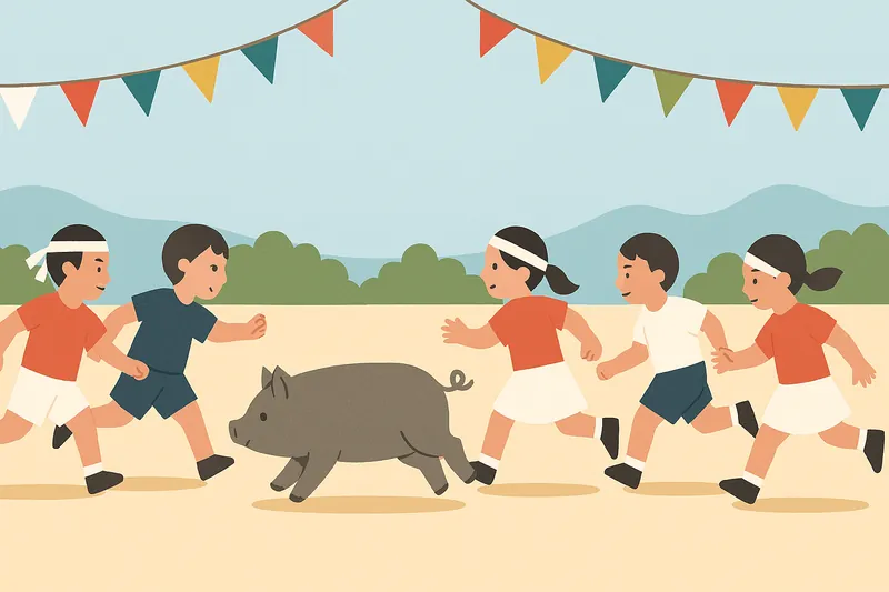 zatsugaku school children running with pig