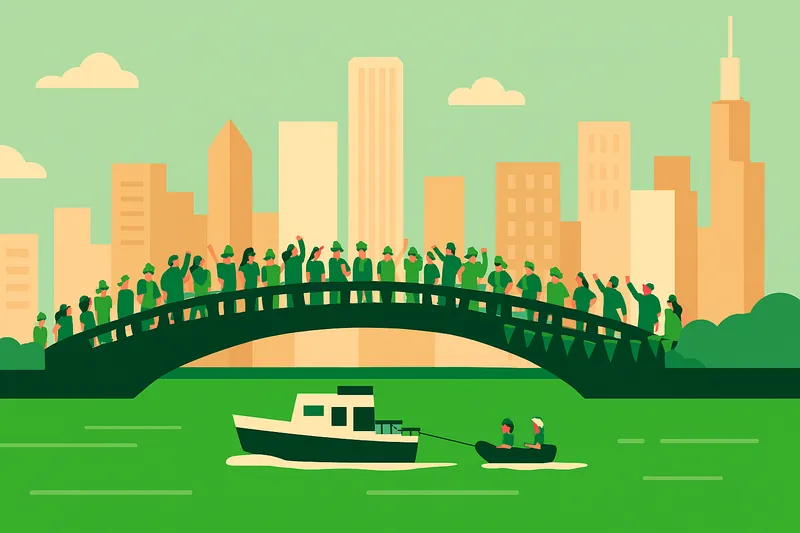 zatsugaku school people on bridge with boats and cityscape