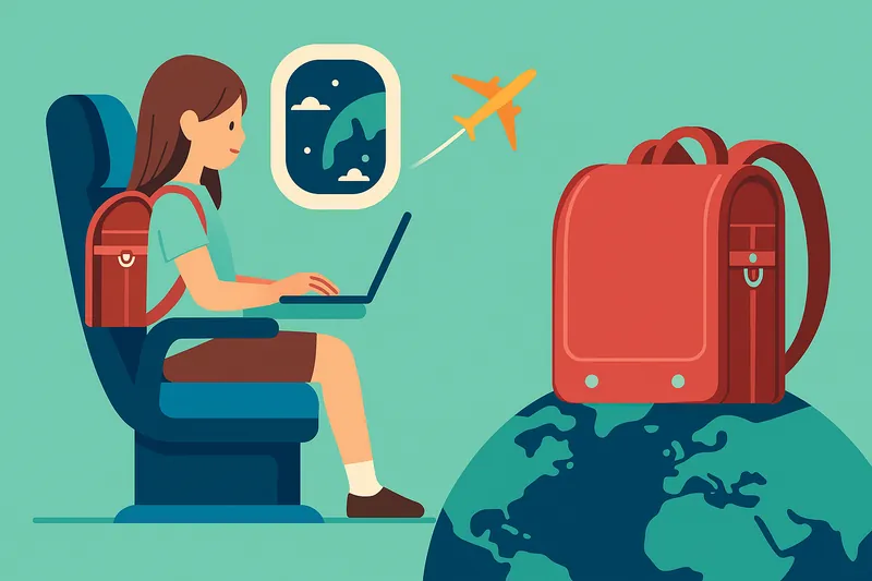 zatsugaku school student on plane with laptop and backpack