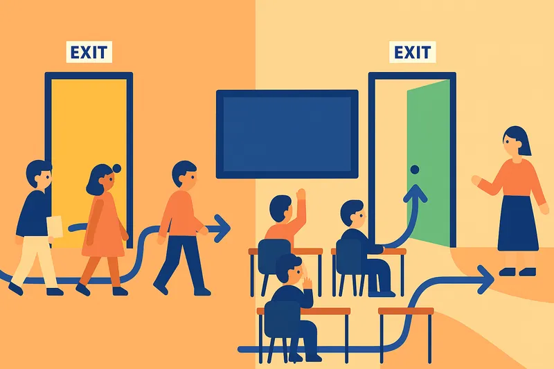 教室の2つの出入り口が動線分離のためという理由を示す構図