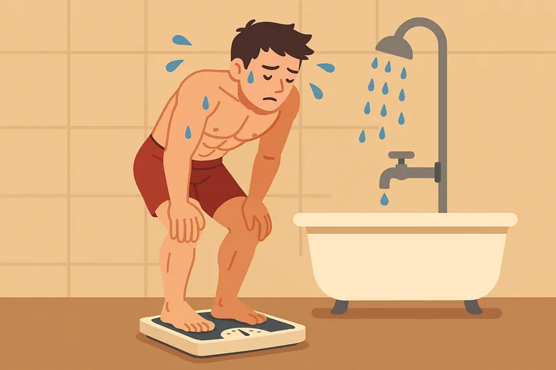 zatsugaku sports man sweating on scale in bathroom