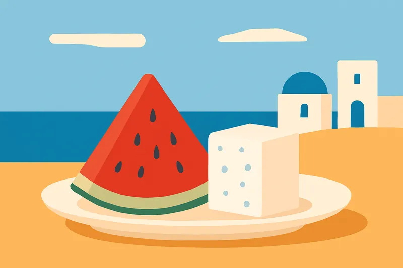 zatsugaku summer watermelon and feta cheese on plate with greek islands background