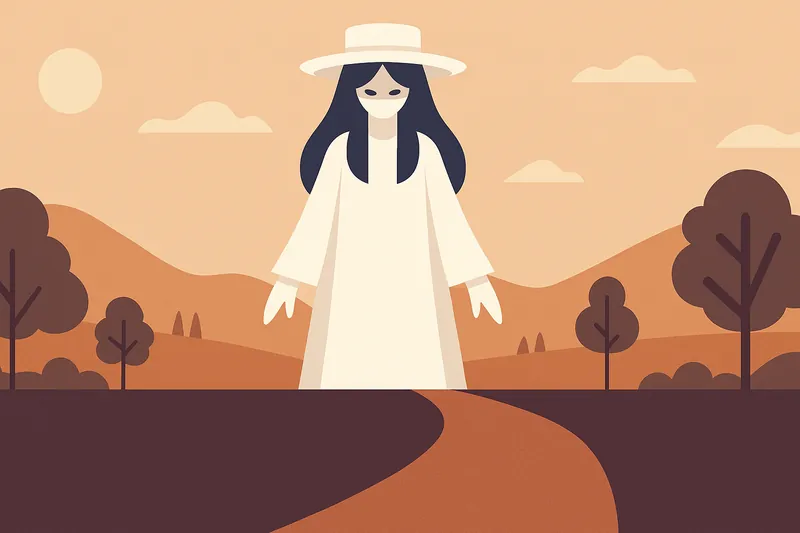 zatsugaku urban legend lonely figure in white hat and dress standing on winding road