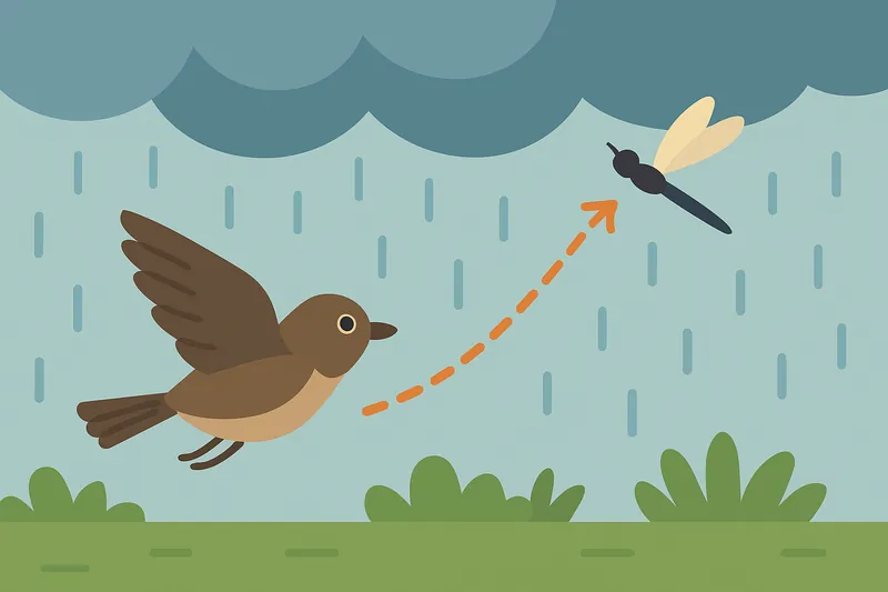 zatsugaku weather bird chasing dragonfly in rain