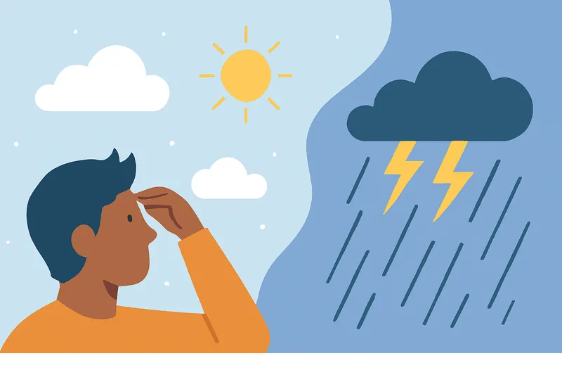 zatsugaku weather man looking at storm and sun