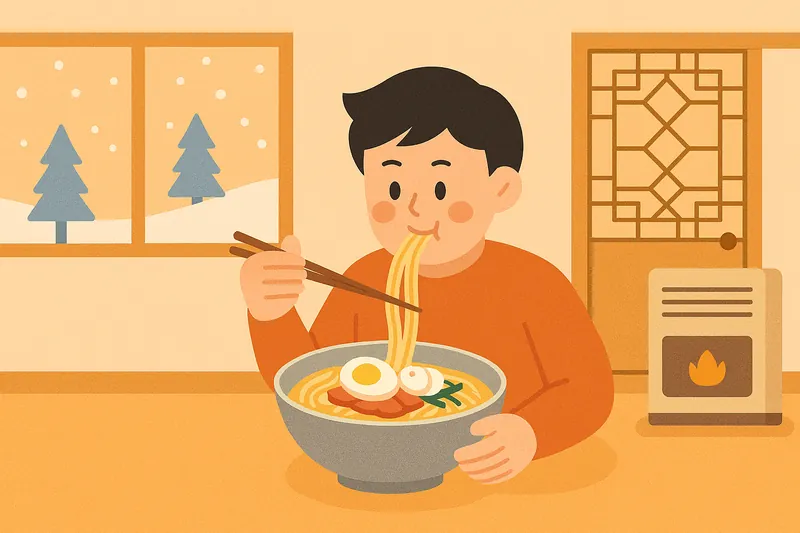zatsugaku winter boy eating ramen in winter