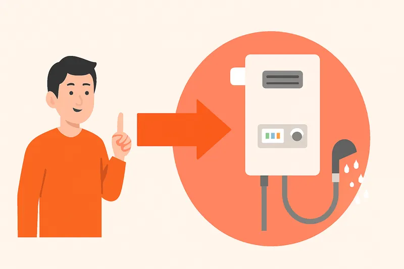 zatsugaku winter man pointing to water heater