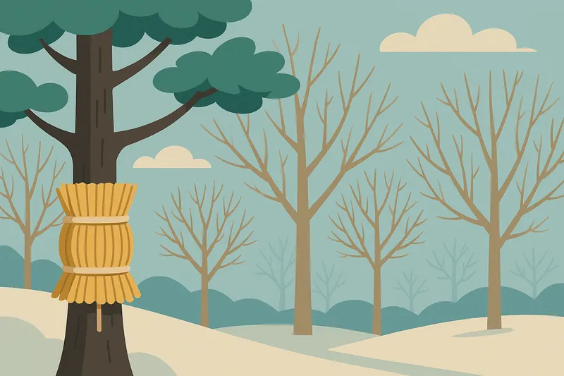 zatsugaku winter snowy landscape with bare trees and a snow guard on a tree