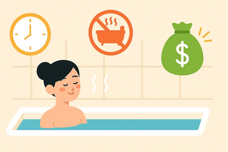 zatsugaku winter woman taking a bath with icons of clock no hot water and money bag