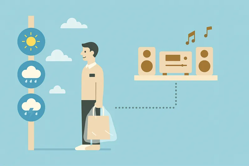 zatsugaku winter man with shopping bag and weather icons next to stereo