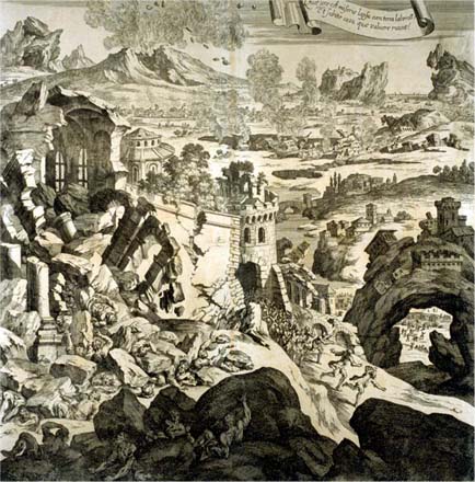 1693年のシチリア大地震で崩壊した街を描いた当時の版画