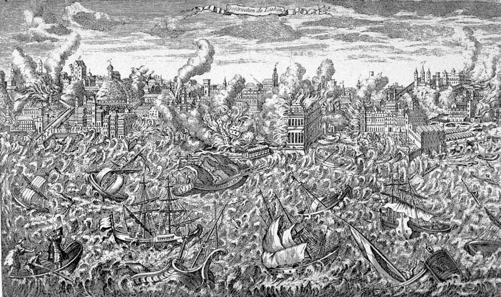1755年のリスボン大地震と津波を描いた銅版画