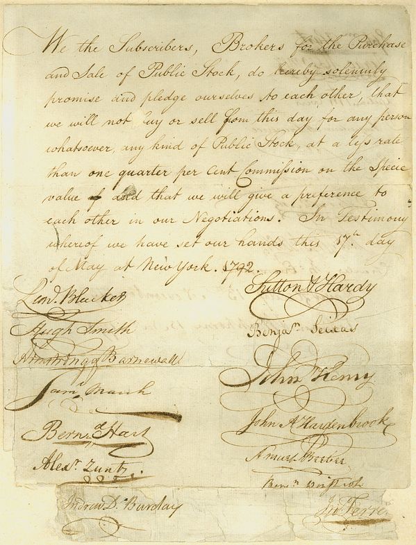 ニューヨーク証券取引所の起源となったすずかけ協定の文書