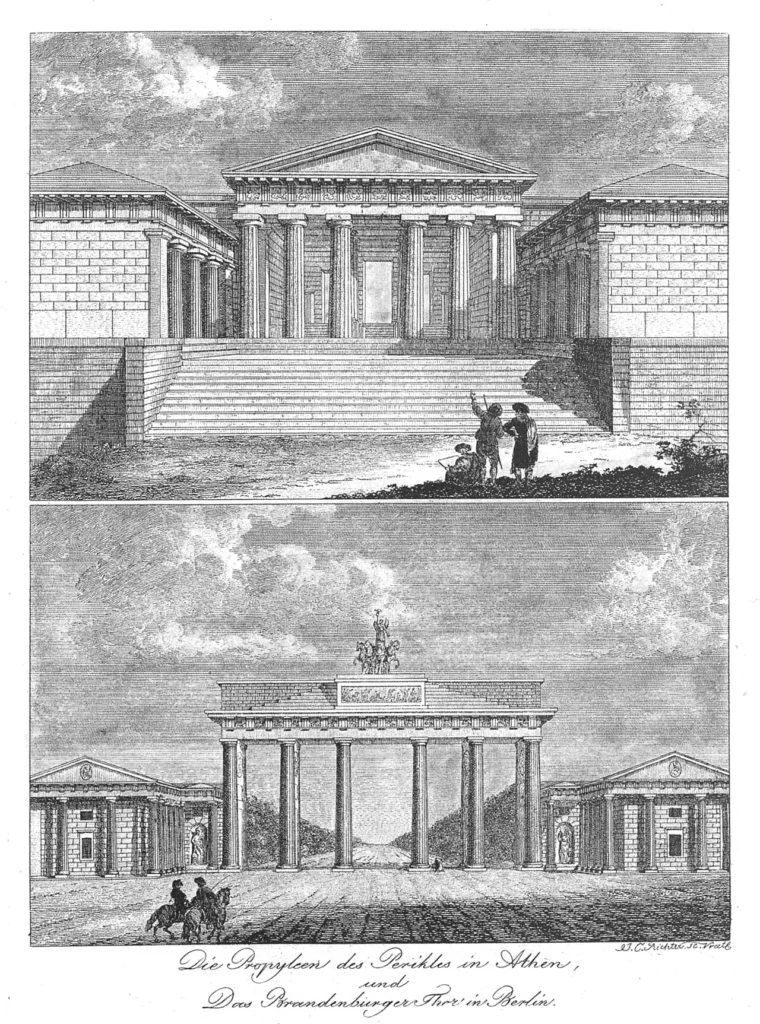 完成直後のブランデンブルク門と古代ギリシャのプロピュライアを比較した版画