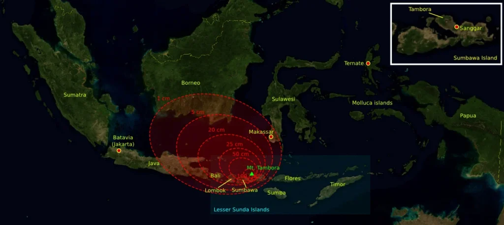 1815年のタンボラ山噴火による降灰範囲の図