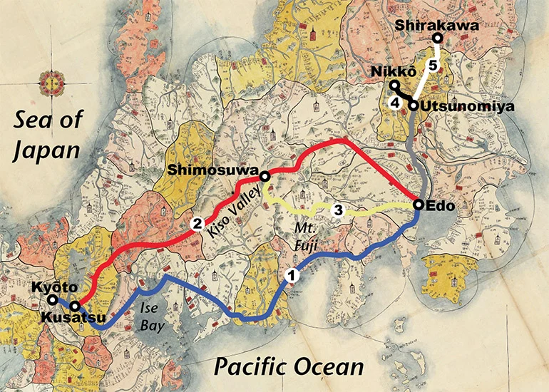 江戸を起点とする五街道を示した日本地図