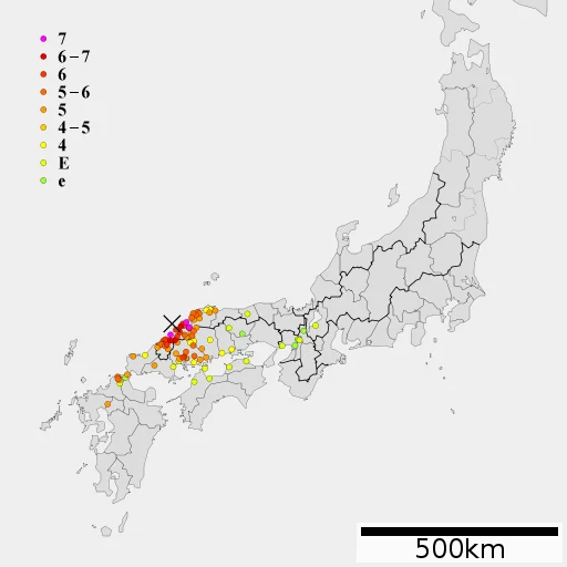 1872年浜田地震の推定震度分布図