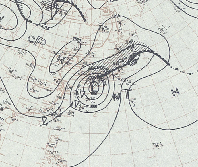 1934年の室戸台風が日本へ接近した際の地上天気図