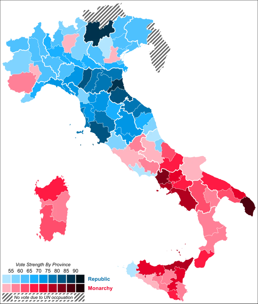 1946年イタリア国民投票の州別結果を示す地図