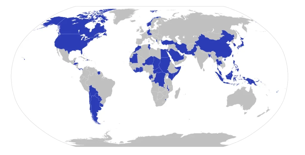 1980年モスクワオリンピックをボイコットした国々を示す世界地図