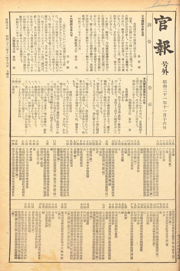 当用漢字について告示した1946年11月16日付の官報