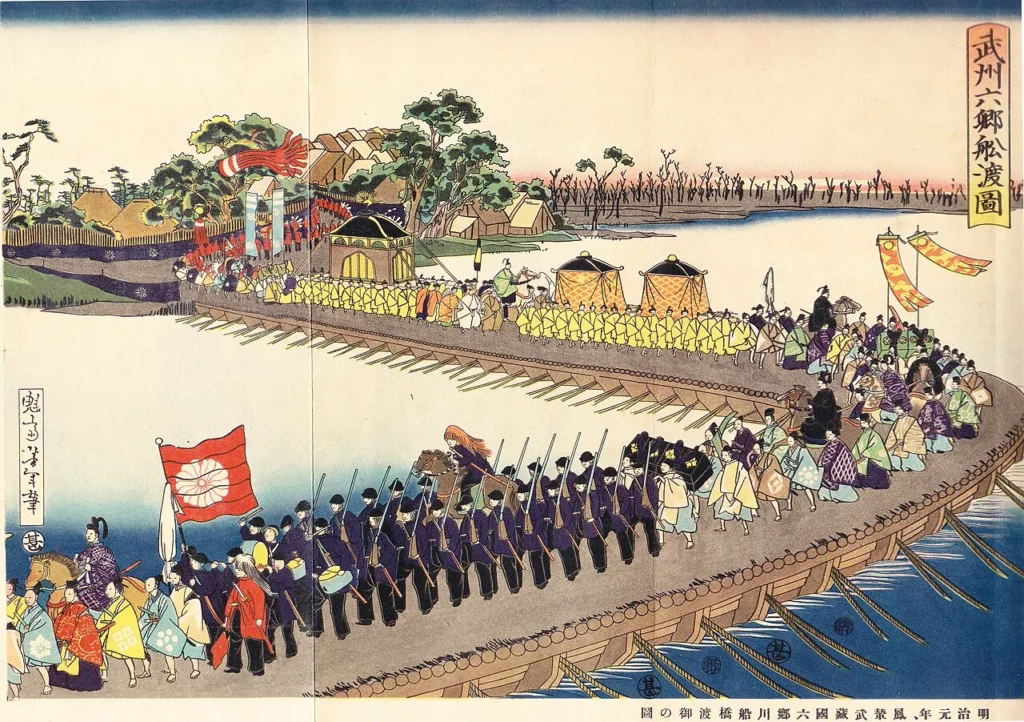 明治天皇の東京行幸で六郷川を渡る一行を描いた錦絵