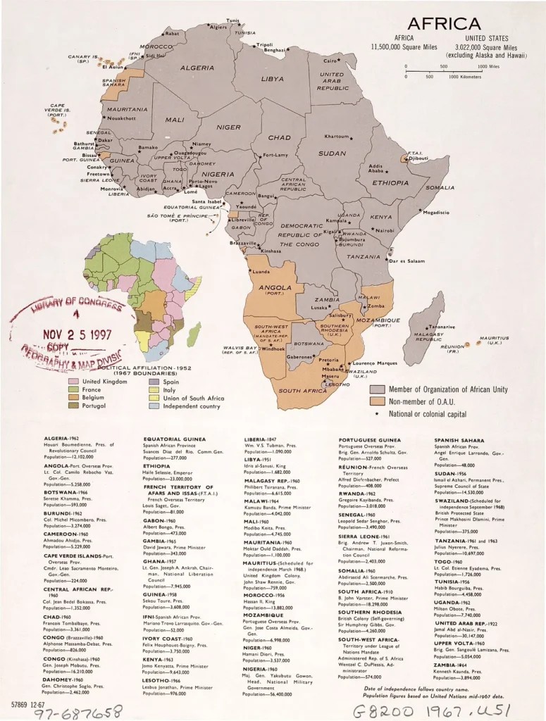 アフリカ統一機構の加盟国を示した1967年のアフリカ地図
