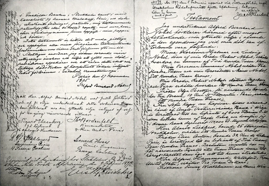 ノーベル賞の創設を指示したアルフレッド・ノーベルの遺言書