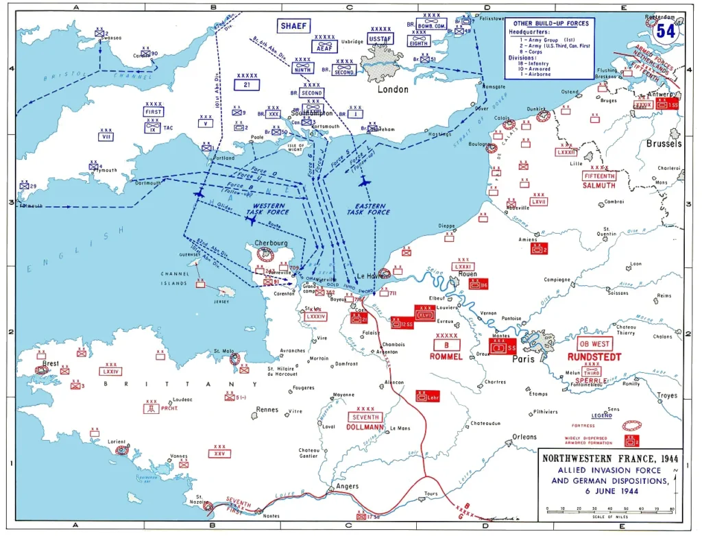 ノルマンディー上陸作戦における連合軍の侵攻経路とドイツ軍陣地を示した地図