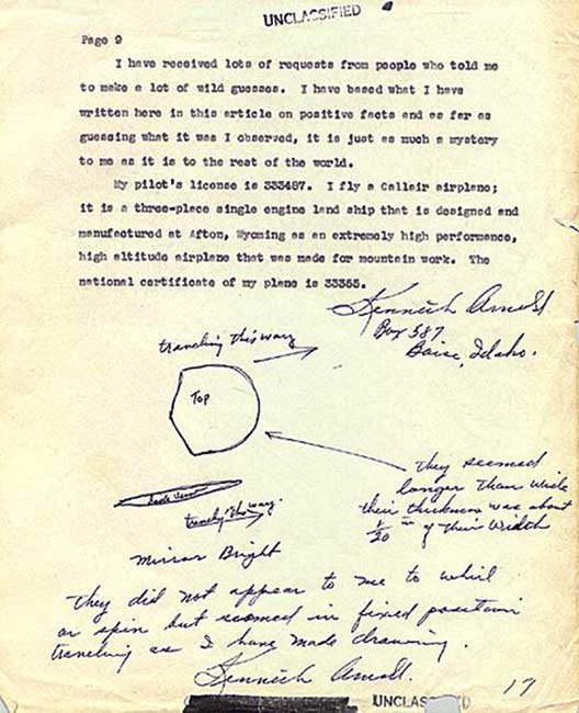 ケネス・アーノルドが目撃した飛行物体を描いた米陸軍航空軍提出文書