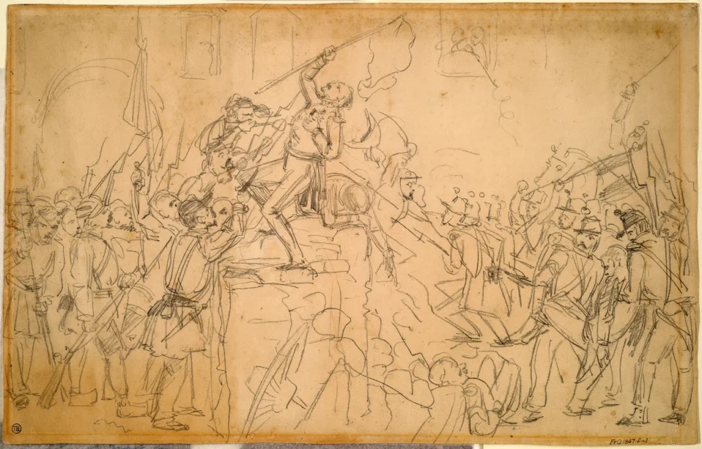1848年のパリでバリケードを攻撃する兵士と市民を描いた作品