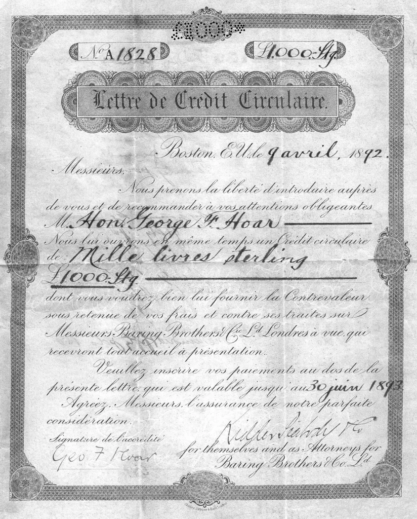 ベアリングス銀行が1892年に発行した信用状