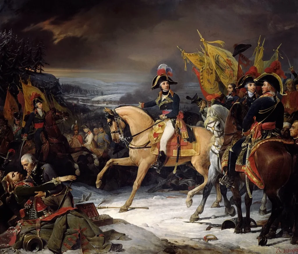 雪のホーエンリンデンで合流するフランス軍の将軍たちを描いた絵画