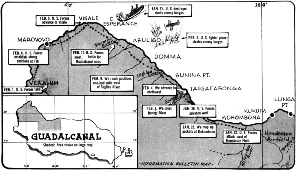 1943年1月から2月にかけてのガダルカナル島の戦況を示す地図