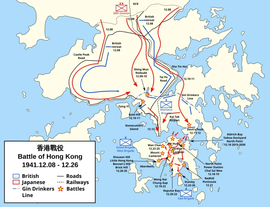 1941年12月の香港の戦いにおける部隊の動きを示した地図