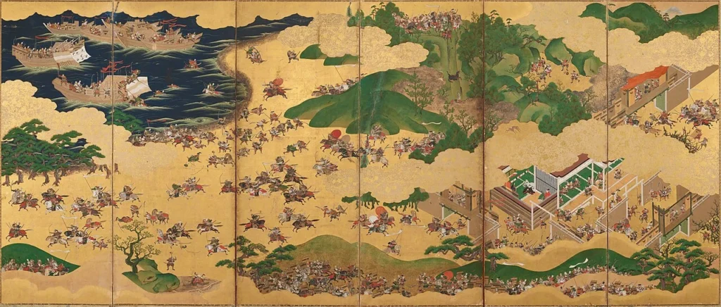 源平合戦の一ノ谷の戦いを描いた屏風