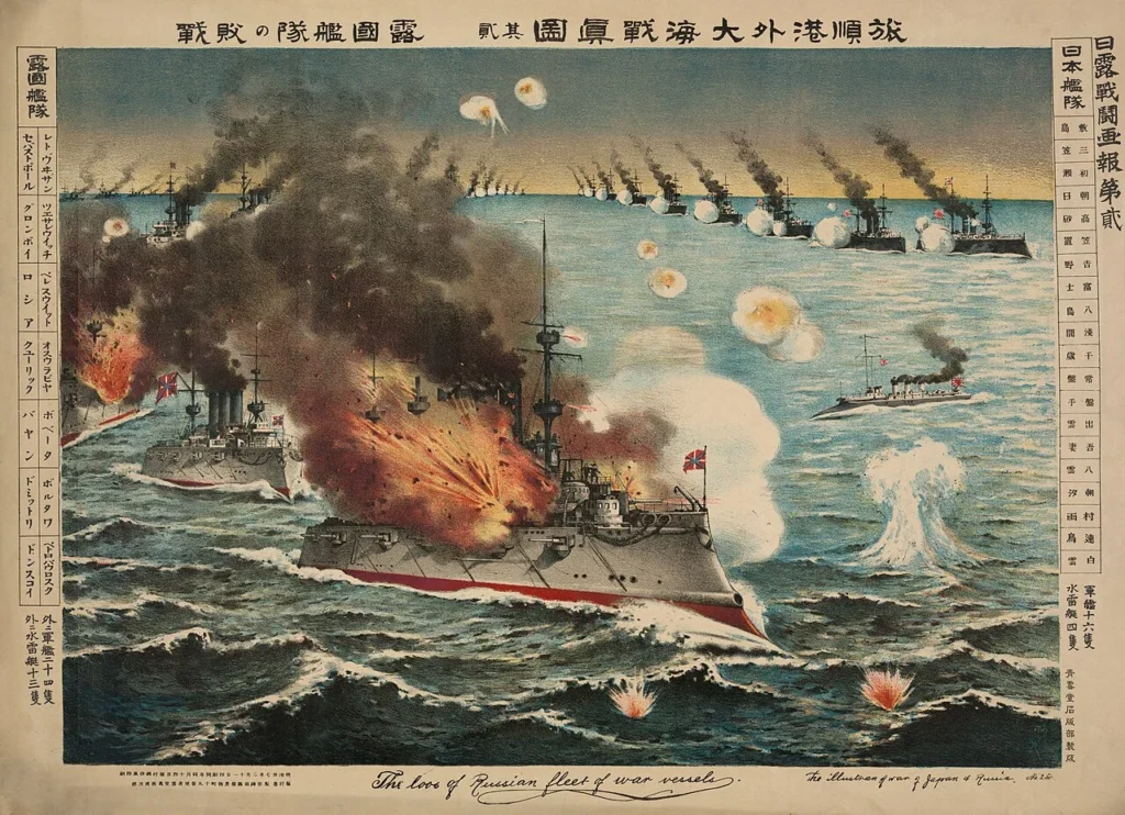 旅順港で日本艦隊とロシア艦隊が戦う様子を描いた版画