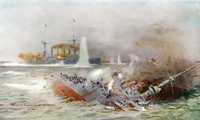 フォークランド沖海戦で交戦するイギリス艦隊とドイツ艦隊を描いた絵画