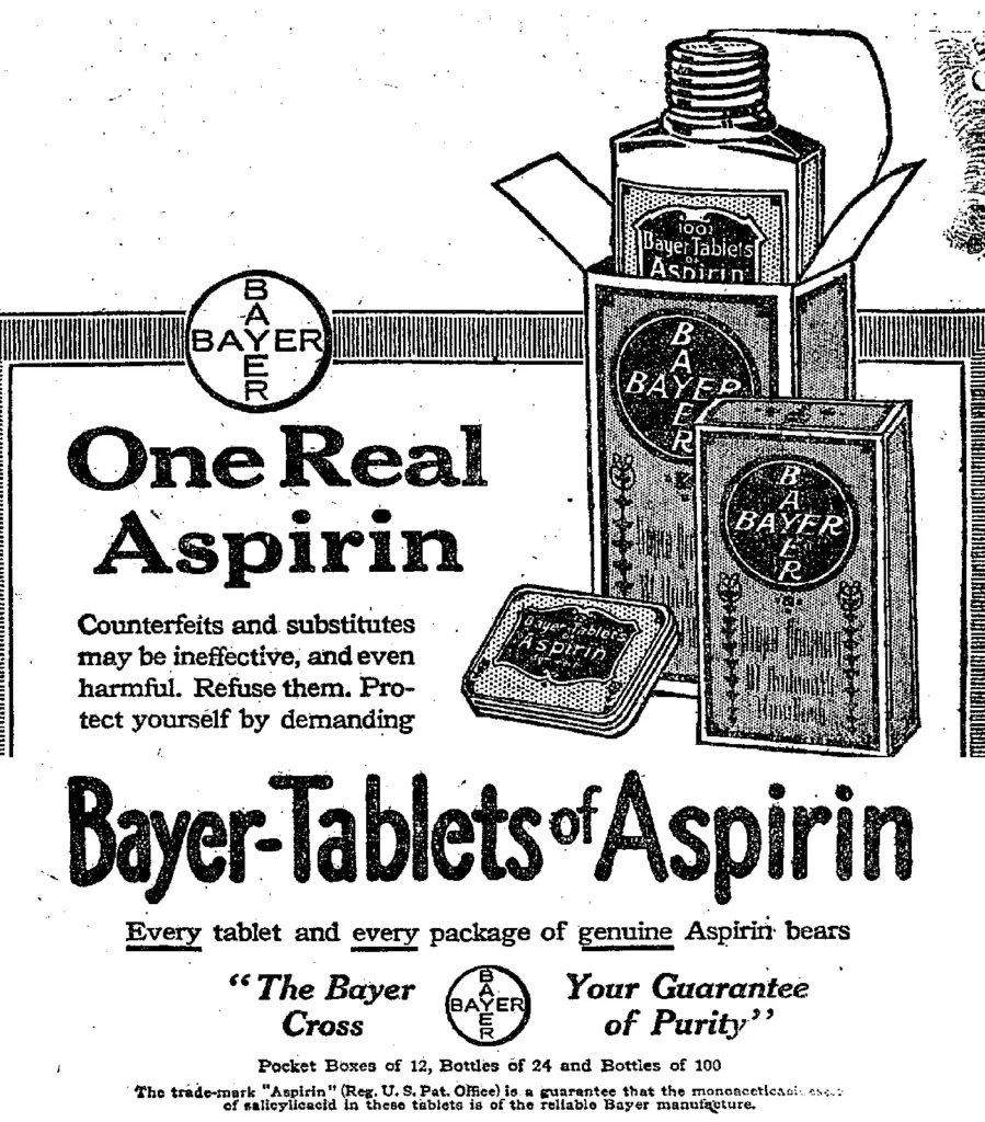1917年の新聞に掲載されたバイエル社のアスピリン広告