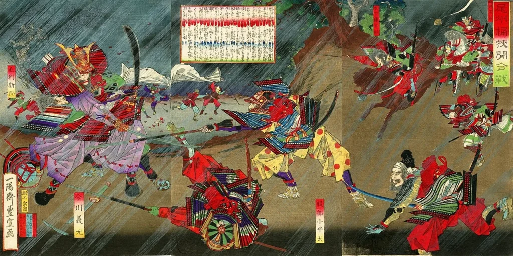 桶狭間の戦いを描いた三枚続きの錦絵