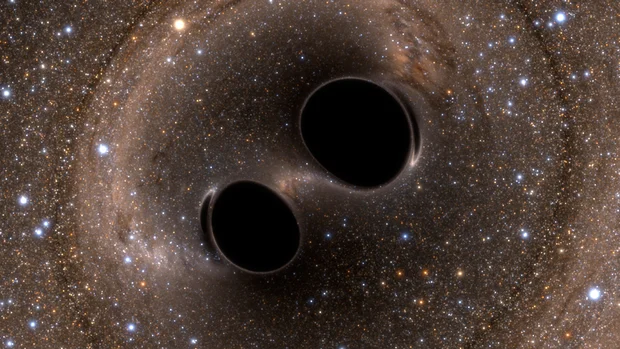 二つのブラックホールが衝突・合体するシミュレーション画像