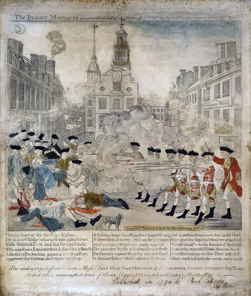 ボストン虐殺事件でイギリス兵が市民へ発砲する場面を描いた版画